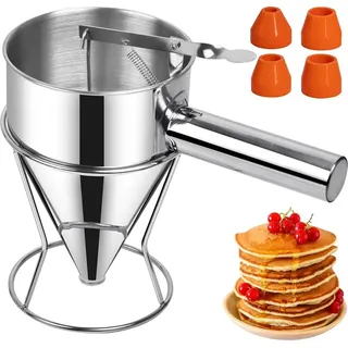 Teigportionierer, Edelstahl Teigspender, 1200ml Trichter mit Ständer, 4 Düsen, Kuchen Pfannkuchen Portionierer