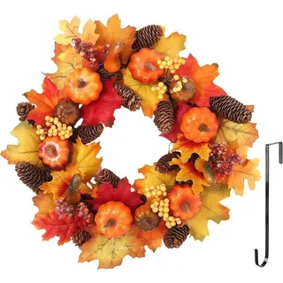 Herbstkranz Tür 40cm, Kürbis Beere Ahorn Künstlich, Halloween Erntedank Dekoration