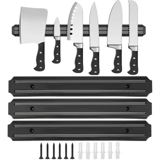 3-teiliges Messerhalter, magnetisch, Küche, 33 cm, Messerleiste mit 6 Schrauben, Messerhalter zur Wandbefestigung, magnetisch, Messer aus Edelstahl, Messeraufbewahrung, schwarz, für Küchenmesser