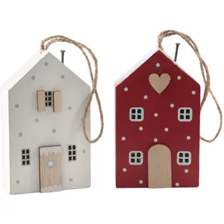 Holzhäuschen Anhänger Weihnachten, 2er Set, rot-weiße Weihnachtsdekoration aus Holz, 6,2 x 10,5 cm - Logbuch-Verlag