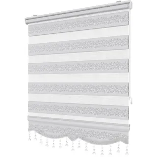 PlisseeOnline Doppelrollo Klemmfix ohne Bohren Weiß Silber mit Muster und Perlen Duo Rollo für Fenster und Türen Plissee Rollo Gardine 90 x 150 cm Blickdicht Klemmrollo mit Perlen Seitenzugrollo