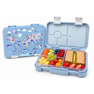 jenard Brotdose für Kinder mit Fächern für Kinder ab 4 Jahren, Bento Box, Lunch Box, Vesper Box, auslaufsicher, spülmaschinenfest, kindgerecht und BPA-Frei, Blau/Weltkarte mit Tiere