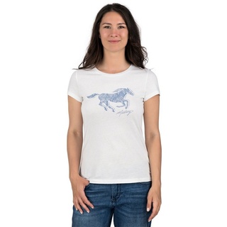 MUSTANG T-Shirt Damen Logo Printshirt Alexia C Logo Slim Fit (1-tlg) Basic Kurzarm Tee Shirt mit Rundhalsausschnitt aus 100% Baumwolle weiß XL