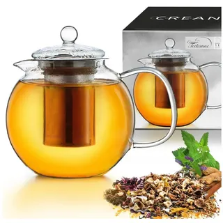Creano Teekanne Teekanne aus Glas 0,85l, integriertes Edelstahl-Sieb und Glas Deckel, 0,85 l, (1er-Set, 2-St., Teekanne & Deckel), tropffrei weiß