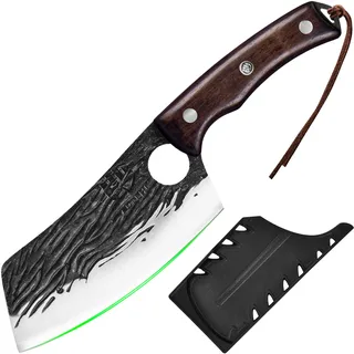 FULLHI Metzgermesser, Voll Tang serbischen Kochmesser hohen Kohlenstoffstahl Fleischbeil geschmiedet Küchenmesser für Outdoor, Camping, Geburtstag Geschenk (Braun, Asiatisches Kochmesser)