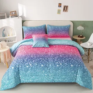 RYNGHIPY 6-teiliges 3D-Glitzer-Bettwäsche-Set für Kinder, Teenager, Mädchen, Frauen, rosa und blau, Regenbogen-Steppdecken-Set, Full/Queen-Size-Größe, ultraweich, wendbar, Gesteppte Bettdecke
