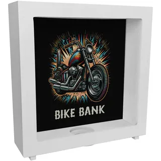 Chopper-Motorrad Rahmen Spardose aus Holz mit Spruch Bike Bank Glänzender Metallglanz Chrom-Auspuff Custom-Bike Highlight Sparen im Zweirad-Stil