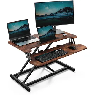 VonHaus Schreibtischaufsatz Höhenverstellbar, Dunkleholz 80 x 40 cm | Steh-Sitz-Arbeitsplatz für Dual-Monitor & Tabletfach, Stehpult-Konverter mit Zwei Ebenen, Mit Tastaturablage