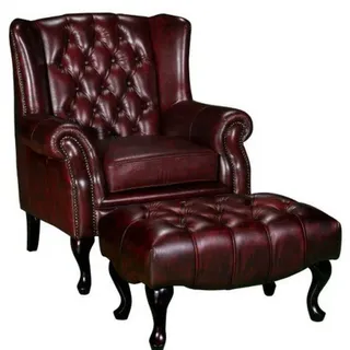 JVmoebel Ohrensessel Chesterfield Sessel mit Hocker aus Leder und Textil, Made in Europa braun