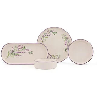 Hermia Concept Frühstücks-Geschirrset 6 Tellern, 2 Platten und 6 Schüsseln Dieses Set 100 % Keramik (14-tlg), 6 Personen, Keramik, Steinzeug, spülmaschinenfest und mikrowellengeeignet lila|weiß