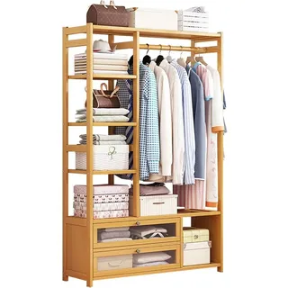 angelfanmily Kleiderständer Bambus, Offener Kleiderschrank mit Ablagen, Garderobenständer Bambus mit Doppelschublade, Kleiderstange Mantelgestell für Schlafzimmer Flur (L:68/100CM)