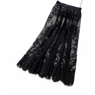 WTRYT Tüllrock 75cm Lange Sexy Sheer Spitzenrock Transparent Unterrock Lace Skirt Midi Faltenrock Hohe Taille Mesh Rock Maxirock A Linie Midirock Clubwear Streetwear für Freizeit Strand Party