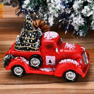 Vintage Roten LKW Dekor Weihnachts Pickup Modell Weihnachten Vintage Truck Modellauto Deko mit Mini Weihnachtsbäume Weihnachtsfiguren für Tisch Kaminsims Regal Deko