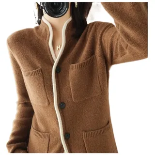 VATIVA Damen-Pullover aus 100 % Kaschmir, Herbst/Winter, Stehkragen, Strickjacke, lässig, Strickoberteil, Jacke (Farbe: Karamellfarbe, Größe: XL) - XL