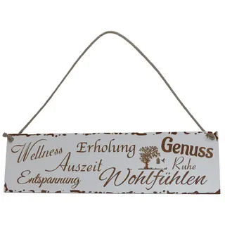 Wellness Erholung Auszeit Entspannung Wohlfühlen Schild Shabby Chic Deko weiß Geschenk Deko Holz HDF ca 28 x 8 cm Wanddeko Wandbild Hängeschild mit Kordel Wellness