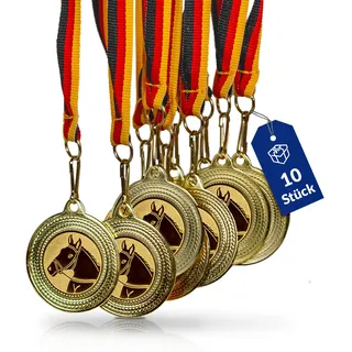 geschenke-fabrik.de Pferde-Medaillen, 10er-Set, Metall, Deutschlandband | Golden zum Umhängen für Siegerehrungen, mit Emblem, für Vereine & Turniere