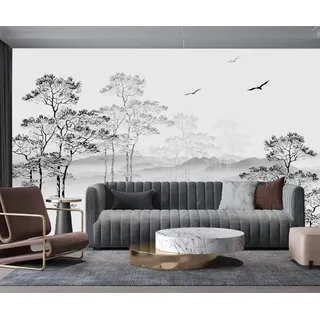 Fototapete Panorama 3D Seide Schwarz und Weiß Natur Wald, 410 X 280 cm Wandbild Panorama Bäume Berg Vögel Minimal für Wohnzimmer, Erwachsene, Kinderzimmer, Restaurant Dekoration