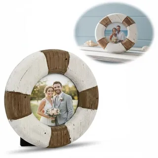 LS-LebenStil Vintage Holz Bilderrahmen 15cm Rund Maritim Steuerrad Aufsteller Fotorahmen 10x15cm / 9x13cm Hochzeit Baby Kinder Portrait - Braun/Weiß