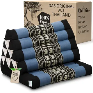 livasia Thaikissen mit 1 Auflage - 75x50x8cm - Dreieckskissen mit Sitzkissen, Keilkissen mit Kapok, Rückenkissen faltbar, Thaimatte zum Klappen, handgefertigt, Meditationskissen (Blau/Elefanten)
