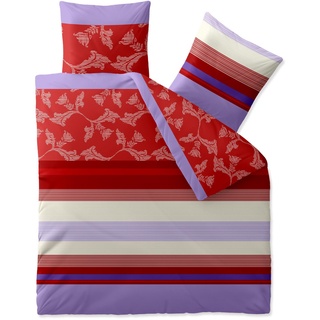 aqua-textil Trend Bettwäsche 200x220 cm 3tlg. Baumwolle Bettbezug Imara Streifen Blumen Rot Weiß Violett