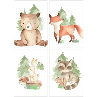 Pandawal Kinderzimmer Babyzimmer Waldtiere Bilder Deko Natur Poster Set 4er Tiere für Kinder Junge I Mädchen DIN A4