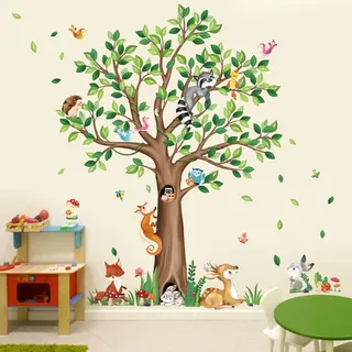decalmile Wandsticker Waldtiere Groß Baum Wandtattoo Hirsch Fuchs(XL) | Abziehbare und Aufklebbare Wandaufkleber, DIY Abnehmbare Wandkunst Abziehbilder, Wandfreundlich, Leuchtenden Farben