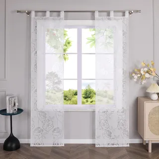HeichkelL Schiebegardinen Transparent Schiebevorhänge Ausbrenner Flächenvorhänge mit Rosen Muster 2er Set Gardinenschal Weiß mit Schlaufen BxH 57x175 cm