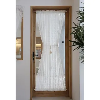 Devola Scheibengardine Lang Balkontür Vorhang Transparent mit Spitze Türgardine mit stangendurchzug französischer Türvorhang Fensterschal Küche Weiße Gardinen für terrassentür BxH 140x101cm 1 Stück
