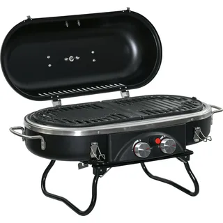 Outsunny Gasgrill 2,34 KW Klappbar BBQ Gartengrill inkl 2 Edelstahl-Brenner Druckminderer Gasschlauch Deckel Thermometer, 2 Heizzonen, Camping-Grill für Balkon, 66 x 34,5 x 37 cm   Aosom
