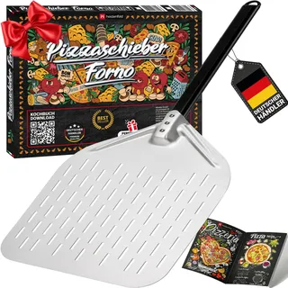 Heidenfeld Premium Pizzaschieber Forno | Pizzaschaufel perforiert - Große Fläche 34.0 x 33.0 cm - Schieber für Pizzastein - Griff ergonomisch 31.0 cm - Pizza Zubehör - Pizzapfanne (Forno 13 Zoll)