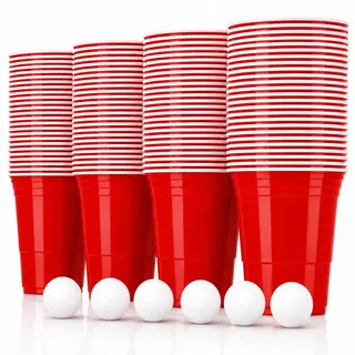 Vitavalley Beer Pong Becher Set Rot 50 Stück 473 ml mit 6 Bällen | Partybecher Kunststoff, Trinkbecher für Bierpong, Trinkspiele, Partys, Festival, Geburtstag & WG-Abend