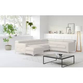 Wohnlandschaft COTTA "Sammy U-Form, B: 304 cm", weiß, Sofas, B/H/T: 304cm x 74cm x 240cm, Leder PAMPAS, Recamiere links, Mit Kopfteilverstellung,Ohne Bettfunktion und Bettkasten, NaturLEDER, die Rückseite ist mit schwarzem und die Liegefläche der Bettfunktion ist mit beigem Spannstoff bezogen, Wohnlandschaft, Kopfteilverstellung, optional Schlaffunktion & Bettkasten, B:304cm H:74cm T:240cm