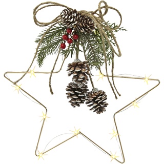 Stern mit LED-Beleuchtung aus Metall dekoriert mit Tannenzweigen Schleife Zapfen Beeren zum Hängen Leuchtstern Weihnachtsbaumschmuck Türdeko Deko Wand Weihnachtsdeko 3D Deko Ornamente Weihnachtsstern