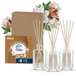 Glade Raumduft, 3 Glas-Flakons & 15 Duftstäbchen | Langanhaltender Lufterfrischer mit ätherischen Ölen, Bis 5 Wochen Frische, Sensual Sandalwood & Jasmine, 3x 50 ml Glasflakons