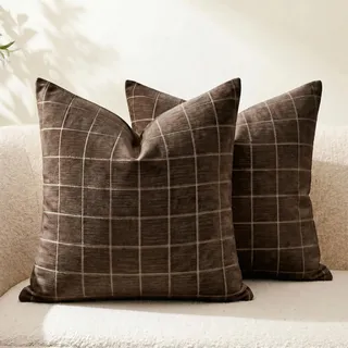 Neelvin 2er Set Chenille Kissenbezug Karo Kariert Weiche Dekokissen Kissenhülle mit Gittermuster Textured Dekokissen Sofakissen Modernes Kissenbezüge für Couch Sofa Wohnzimmer Braun 40x40cm