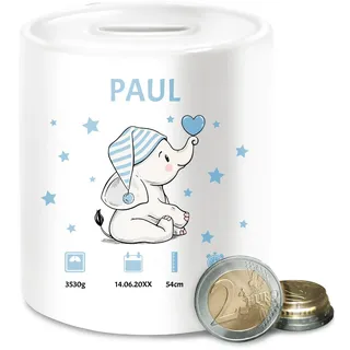 Spardose - Elefant Geburtsdaten mit Name personalisiert I Geschenk zur Geburt - Unisize - Weiß - Baby Taufe personalisierte Geschenke Geburtsgeschenk und Gewicht Geld Babygeschenk personlisiert