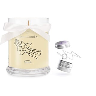 JuwelKerze Creamy Vanilla + Armband Silber - Schmuckkerze 40 Std - Duftkerze im Glas mit Vanille Duft - Kerze mit Schmuck - Geschenke für Frauen, Geburtstag