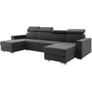 MEBLINI Schlafcouch mit Bettkasten - Ecksofa mit Schlaffunktion - Sofa mit Relaxfunktion und Kopfstützen - Couch U-Form - Eckcouch - Wohnlandschaft - Voss - 306x168x79cm - Dunkelgrau Samt