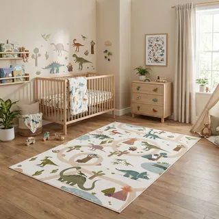 Carpetsale24 Kinderteppich Dinosaurier Spielteppich für Kinderzimmer in Creme Dino Motiv mit Straßen Größe 160x230 cm perfekt für große Kinderzimmer