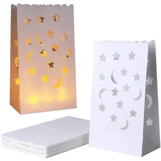 JAHEMU Lichttüten Papierlaternen Kerzentüten Kerze Taschen Weiß Candle Bags für Hochzeiten Geburtstage Weihnachten Dekorationen Mond und Sterne Design 20 Stück
