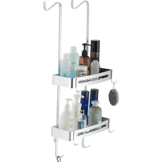 MOGFCT Duschregal zum hängen, Badezimmer-Duschablage, über der Tür hängende Duschablage, rostfreies Aluminium-Duschregal, Badezimmerregal mit Haken (doppelt Silber)