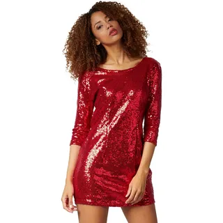 dressforfun 900892 Kurzes Damen Pailletten Glitzer Kleid, Langarm, Trägerkleid (L | Rot) - L