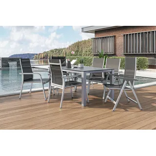 KETTLER BasicPlus Garten-Essgruppe, silber/anthrazit, Alu/Spraystone/Textil, 160 x 95 cm, 4 Stapelsessel, 2 Klappstühle