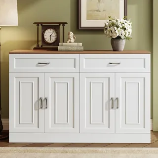 FammyLoft Sideboard Wohnzimmer mit 4 Türen und 2 Schubladen, Buffetschrank mit Regalen & Rebounder, 120×35×80,5cm, Modern Wohnzimmerschrank für Esszimmer & Flur, Holz und Weiß