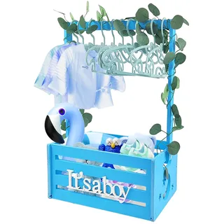 Sibosen Holz Baby Geschenk Korb mit Griff, Kinder Kleiderbügel und Girlande, Baby Dusche Kiste Schrank, Baby Korb für schwangere neue Eltern Girlande und 10 Kleiderbügeln Hellrosa (blau)