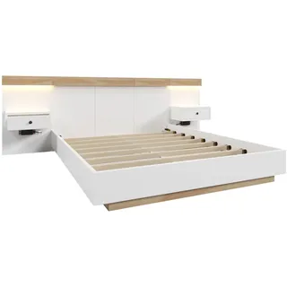 Merax Bettanlage Holzbett 160x200 Doppelbett mit 2 LED Nachtkommoden & 1 USB & 1 Type C & 1 Steckdose & Lattenrost Beige & Weiß