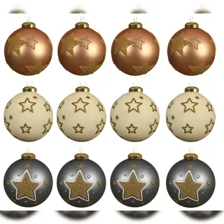 Christmas Decorations 12 Weihnachtskugeln 8cm Glas mit Sternenmuster Christbaumkugeln mix beige grau