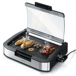 Arendo Tischgrill Gourmet Elektrogrill mit Glasabdeckung, Edelstahl, mit 5 Stufen, 1800 W, Antihaftbeschichtung, Temperaturregelung, für Balkon, Garten & Indoor schwarz