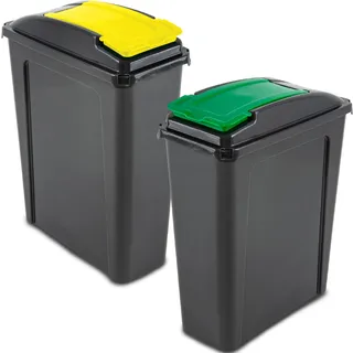 2x25L Mülltonne Schwarz-Gelb-Grün Mülleimer Küche 2 Fächer 2 Trash Bin Sack