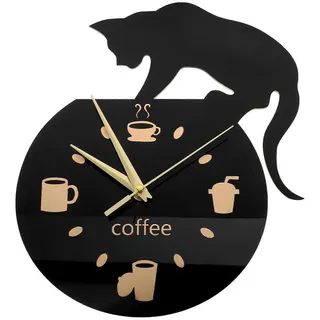 Stumme Cartoon-wanduhr Mit Kletternder Katze Zum Kaffeetrinken – Kaffeeuhr Als Wanddekoration – Kaffeetasse-black